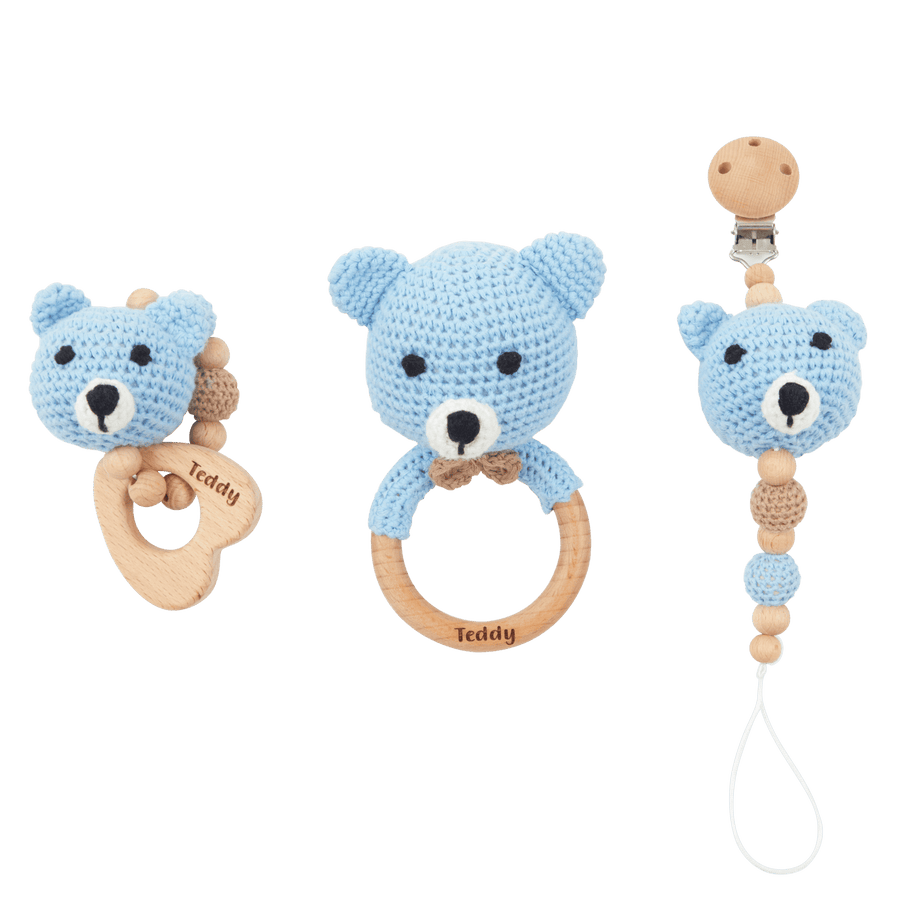 Handmade Teether, Rattle & Dummy Clip Gift Set Blue baby shower gift for boy personalised