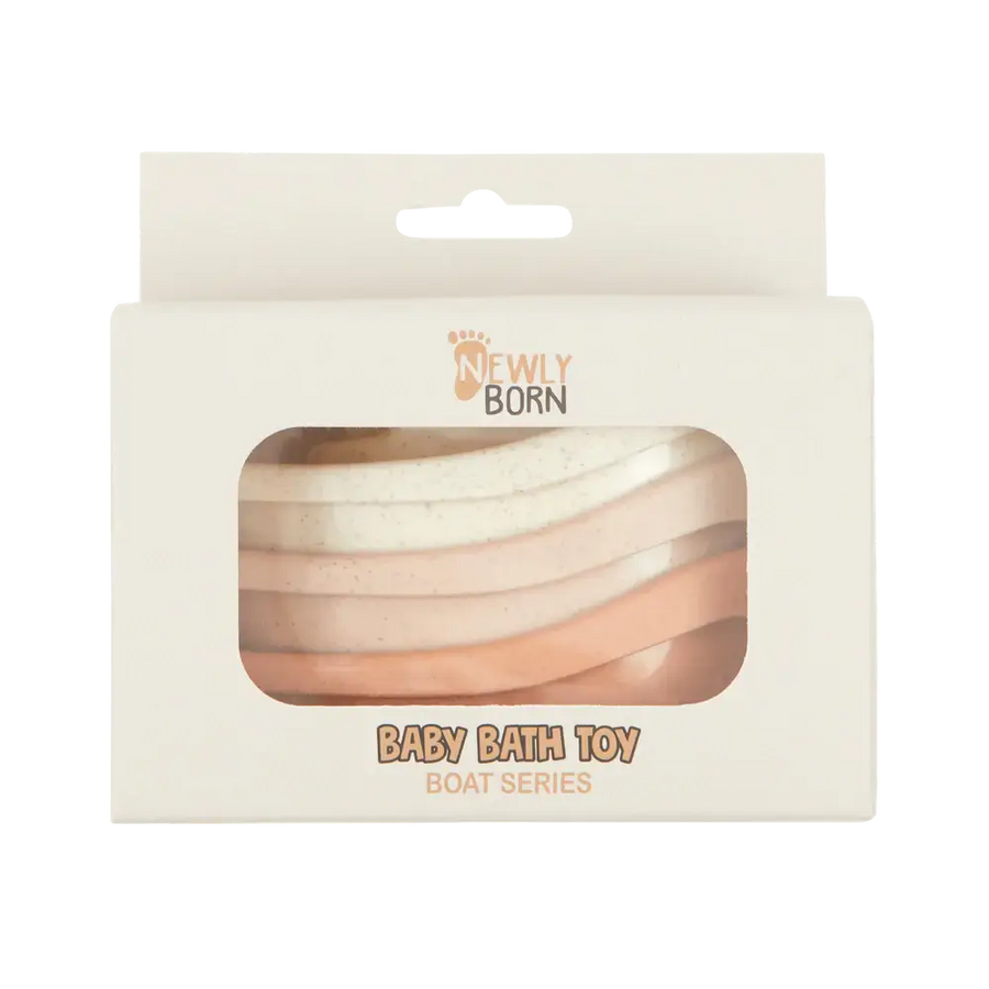 Packaged baby bath toy boat series in blush color, labeled as 'Make a Splash Bathtime Boat Toys'.