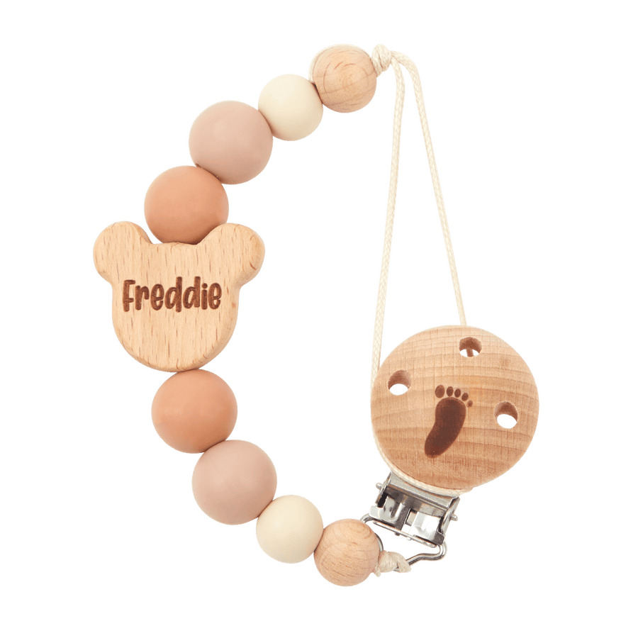 Personalised Bear Dummy Clip in Neutral with engraved baby name