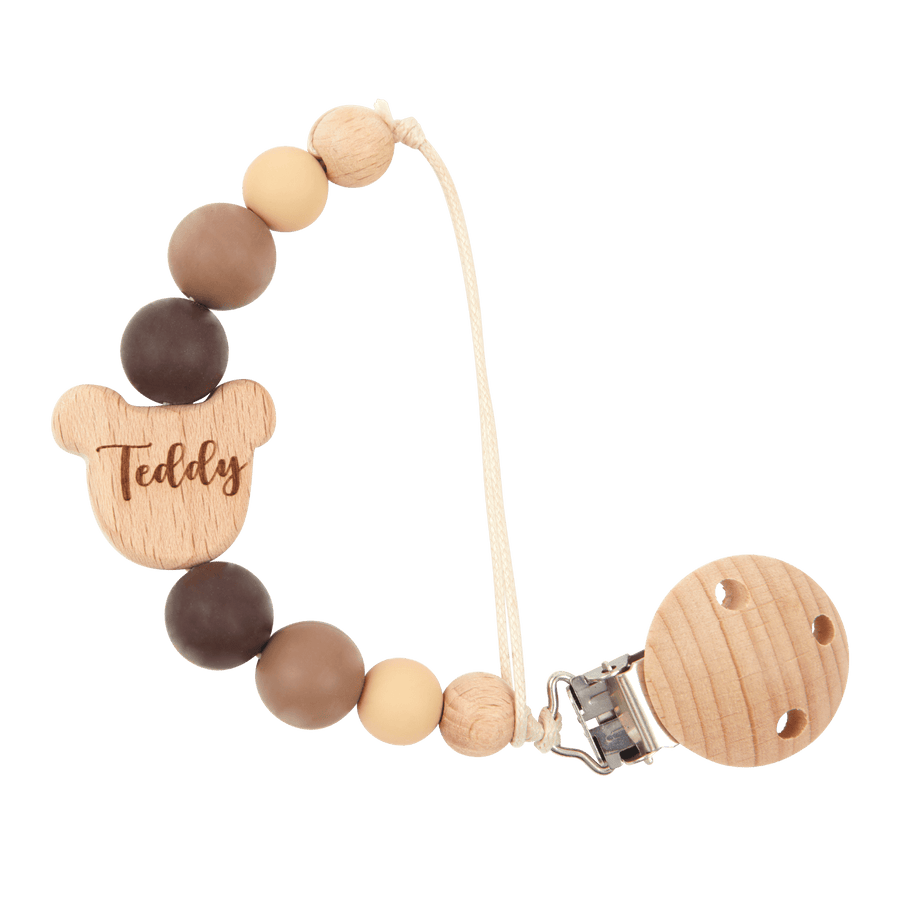 Personalised Bear Dummy Clip in Brown with engraved baby name