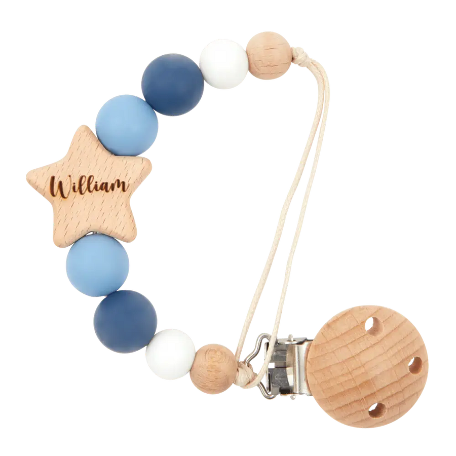 Personalised Star Dummy Clip in Blue with engraved baby name