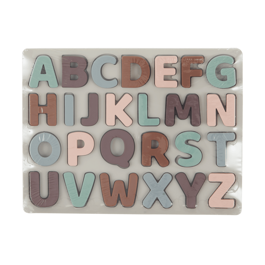 Soft silicone letters of the alphabet in various neutral colors, designed for toddlers.