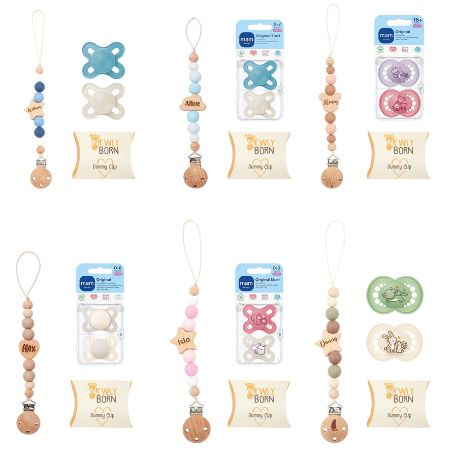MAM dummies with Newly Born brand personalised dummy clips