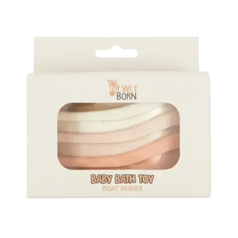 Packaged baby bath toy boat series in blush color, labeled as 'Make a Splash Bathtime Boat Toys'.