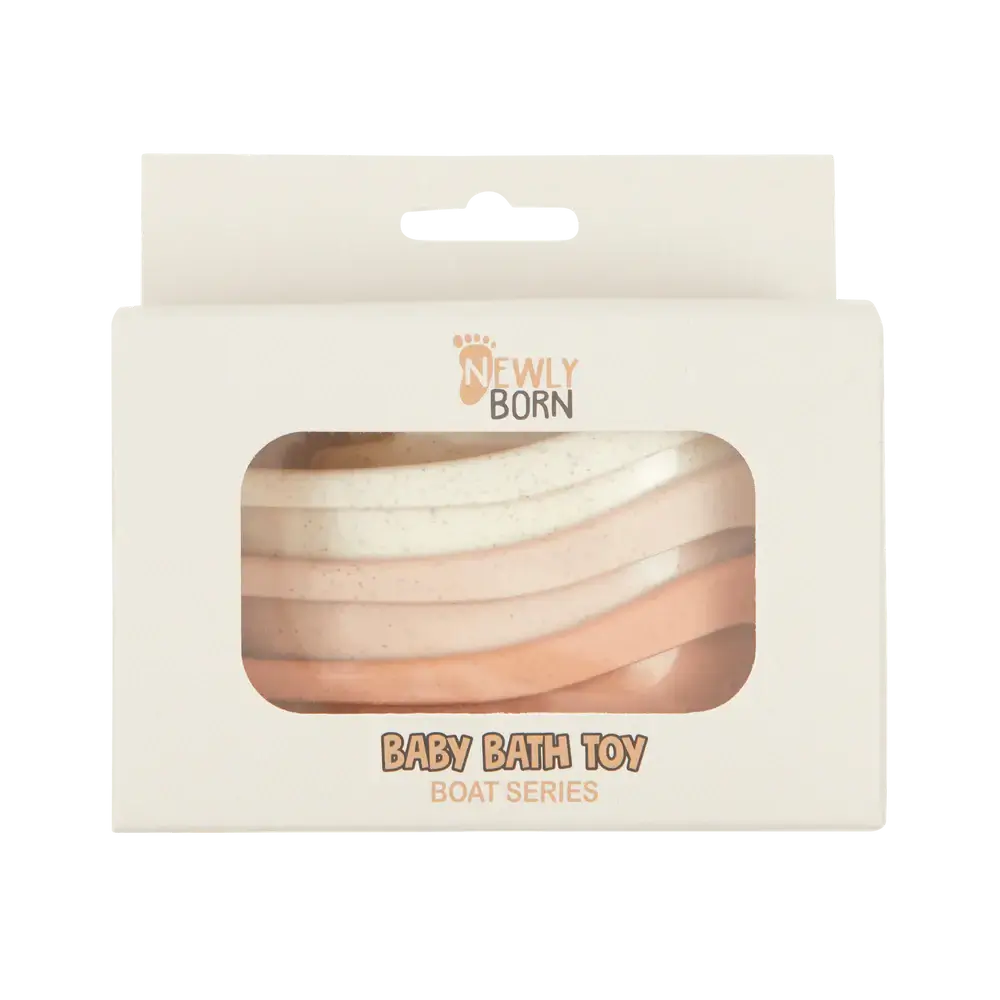 Packaged baby bath toy boat series in blush color, labeled as 'Make a Splash Bathtime Boat Toys'.
