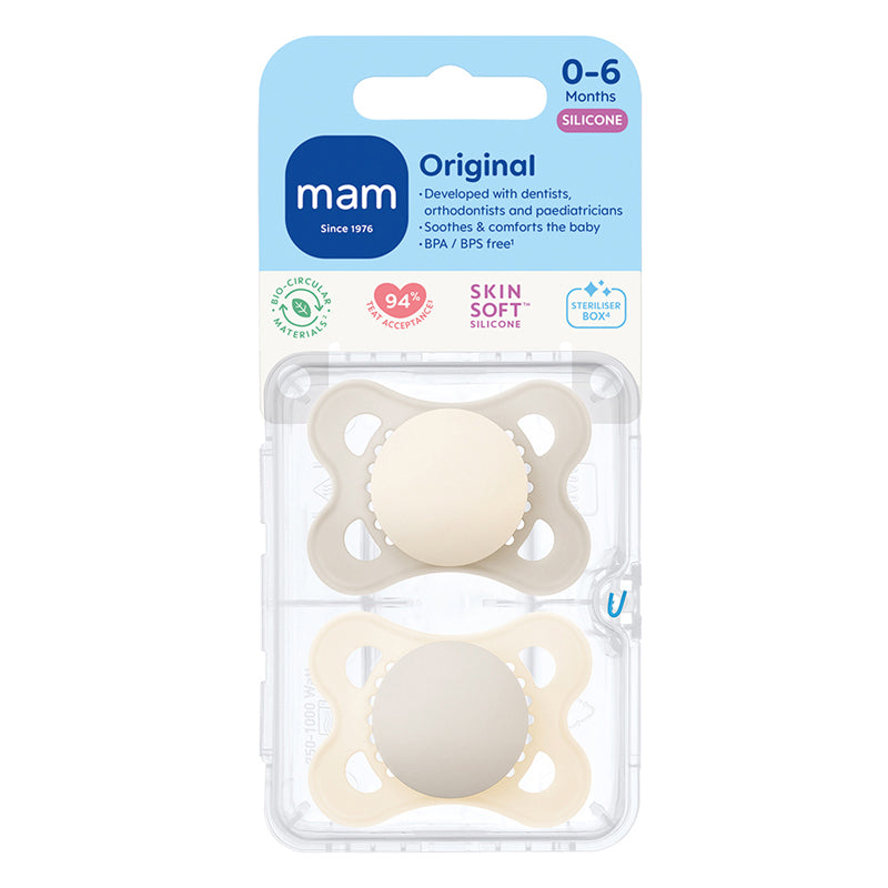 MAM Original Soothers 0–6 Months – 2 Pack | Orthodontic Comfort with SkinSoft® Teat