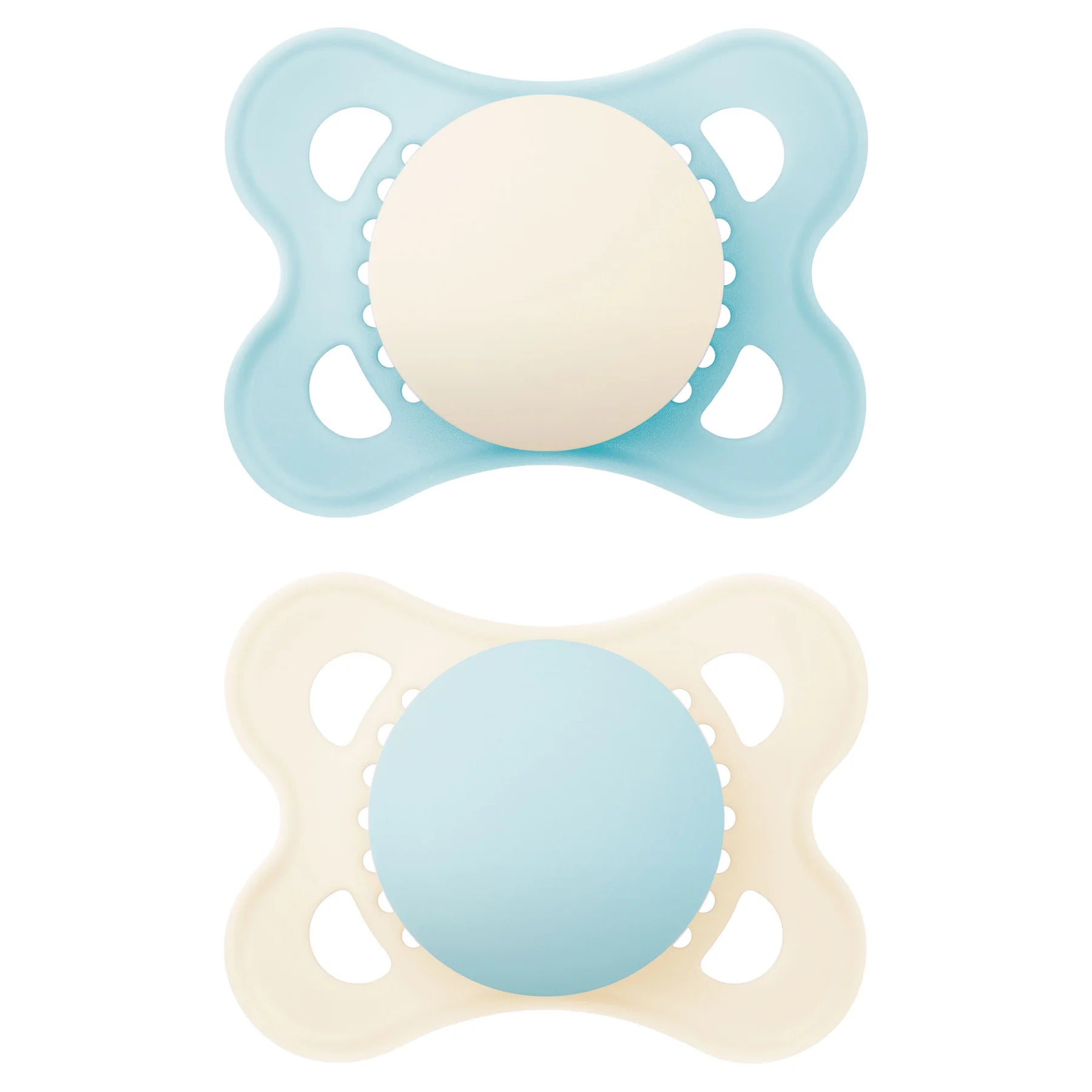 Two baby pacifiers, one blue and one beige, on a white background