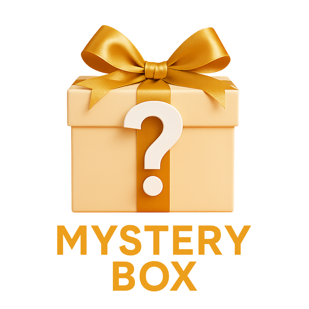 Gold gift box with a question mark and 'Mystery Box' text on a white background