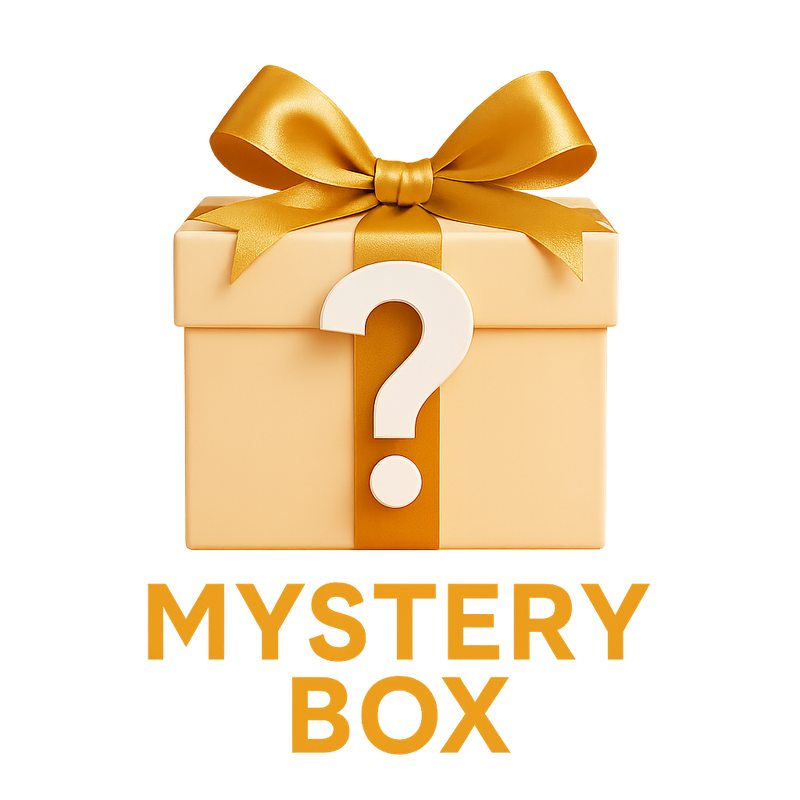 Gold gift box with a question mark and 'Mystery Box' text on a white background
