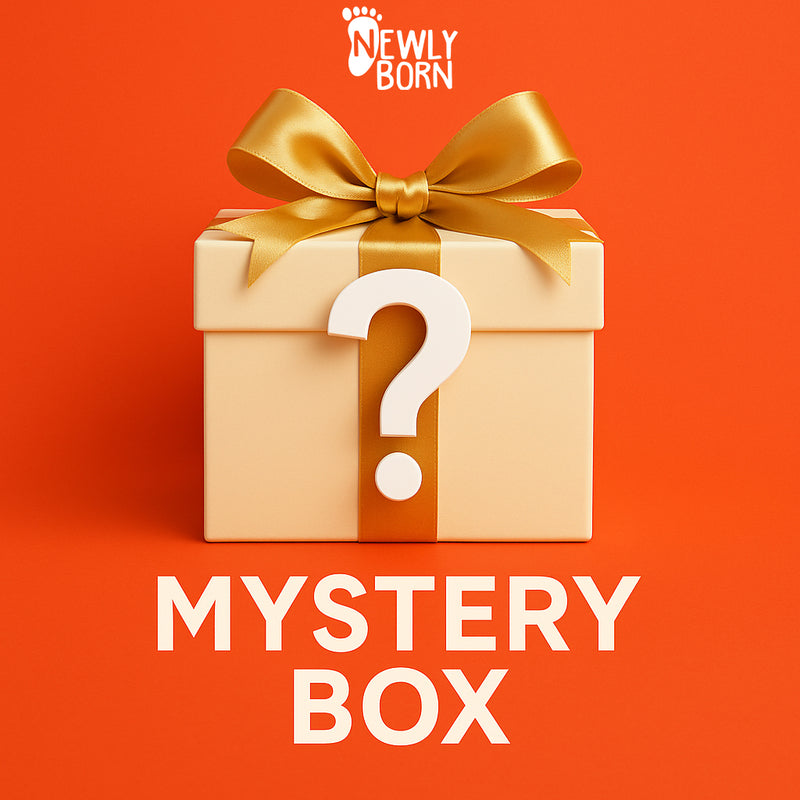 Mystery Gift box with gold ribbon and question mark on an orange background, featuring 'Newly Born' brand.