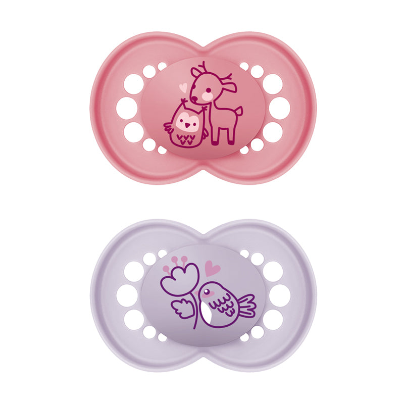 Two baby pacifiers, one pink and one purple, with cartoon designs on a white background.