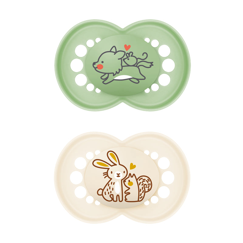 Two MAM baby pacifiers with animal illustrations on a white background