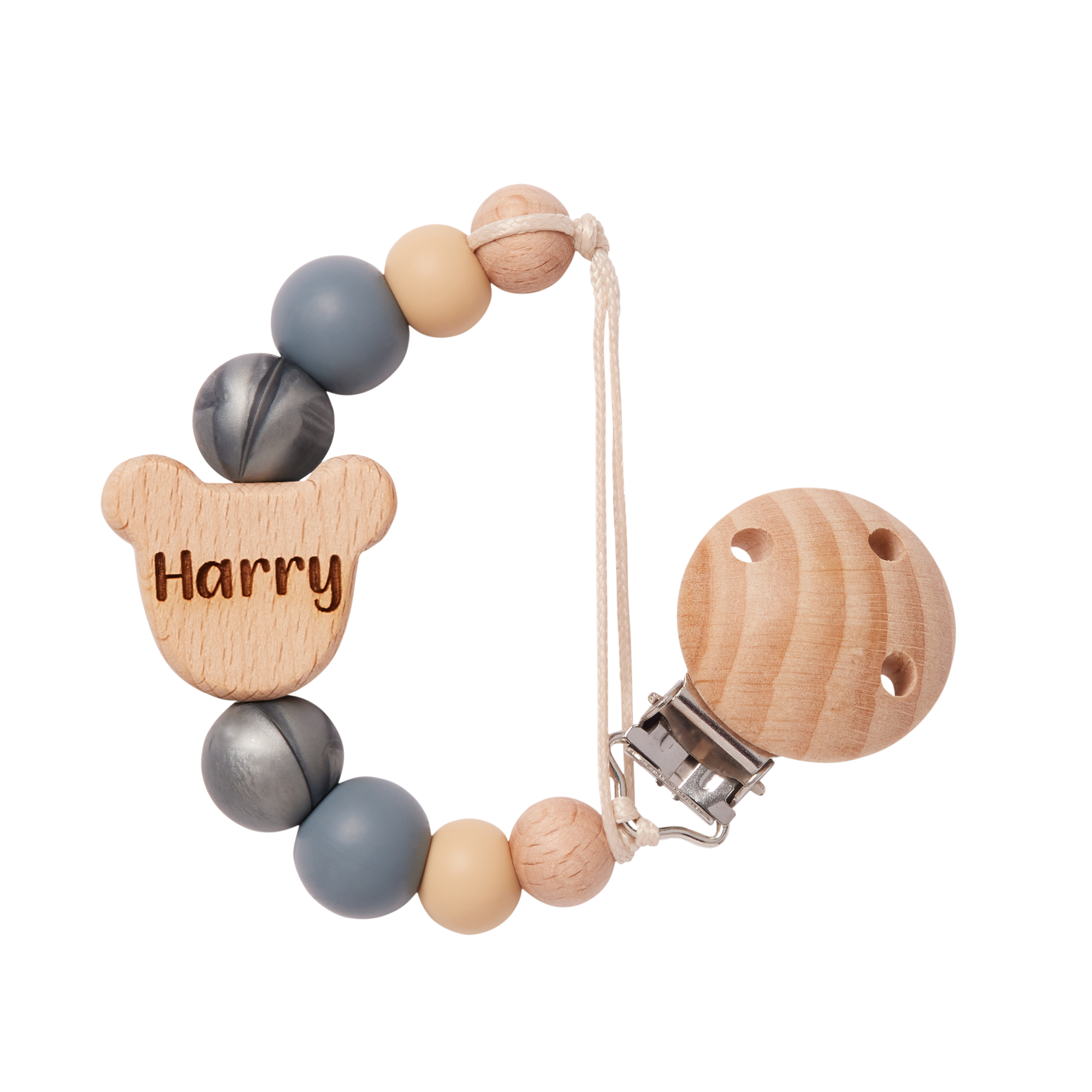 Personalised Bear Shaped Dummy Clip in Grey and 'Harry' engraving on a white background