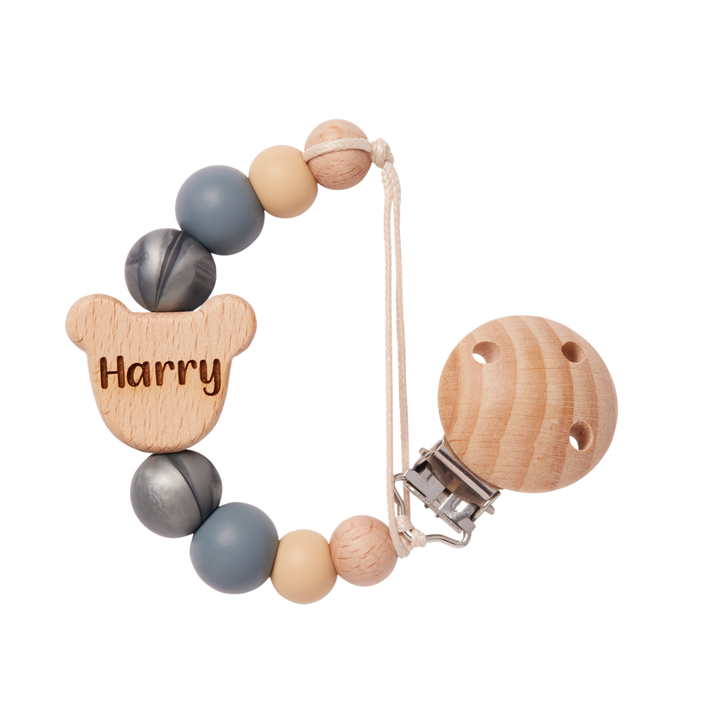 Personalised Bear Shaped Dummy Clip in Grey and 'Harry' engraving on a white background