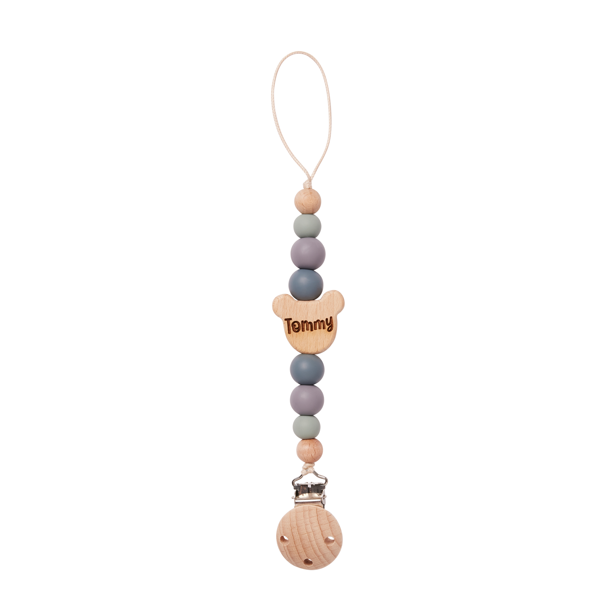 Beaded pacifier clip with wooden ball Personalised Dummy Clip in Grey with 'Tommy' engraved