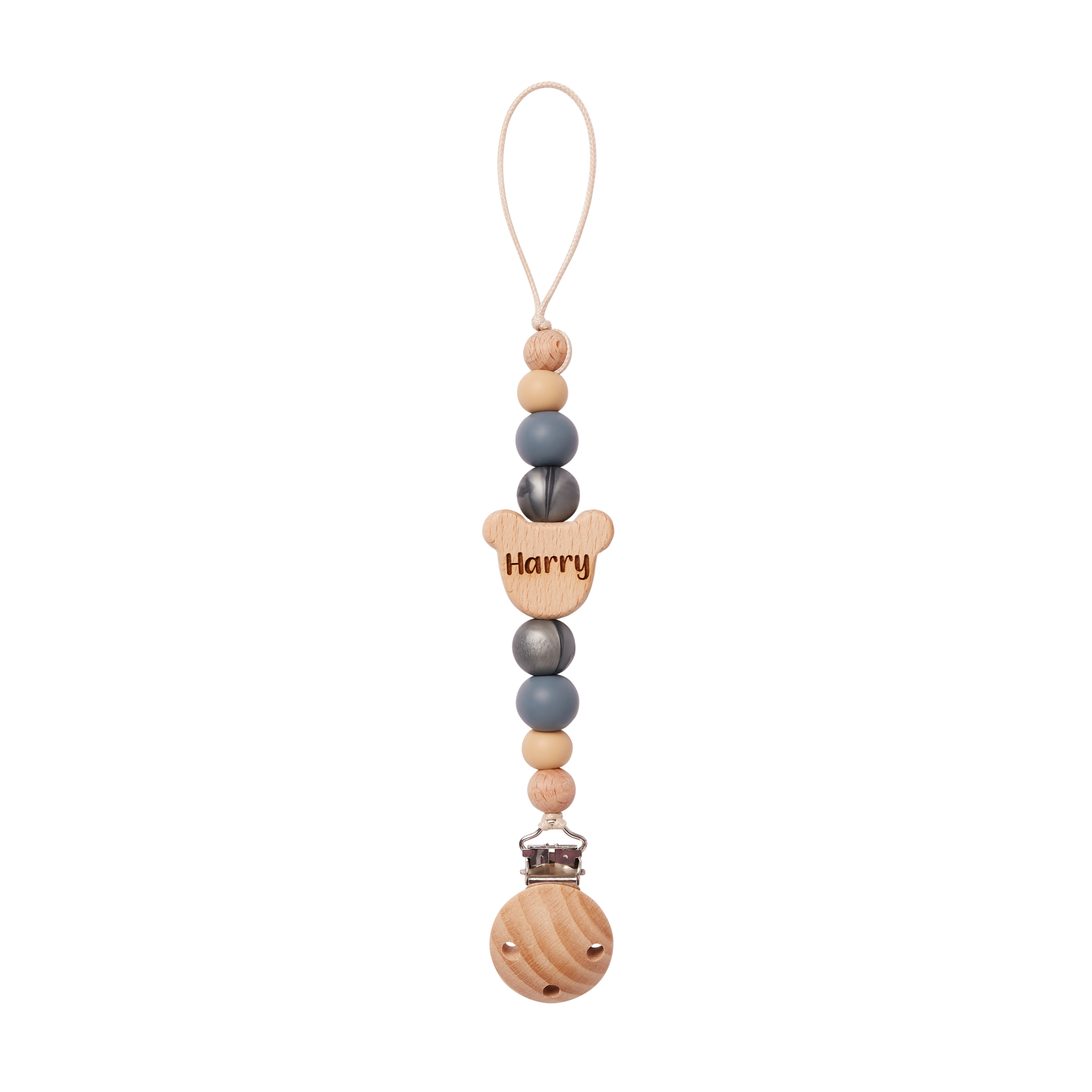 Wooden pacifier clip in marble grey and 'Harry' engraving on a white background