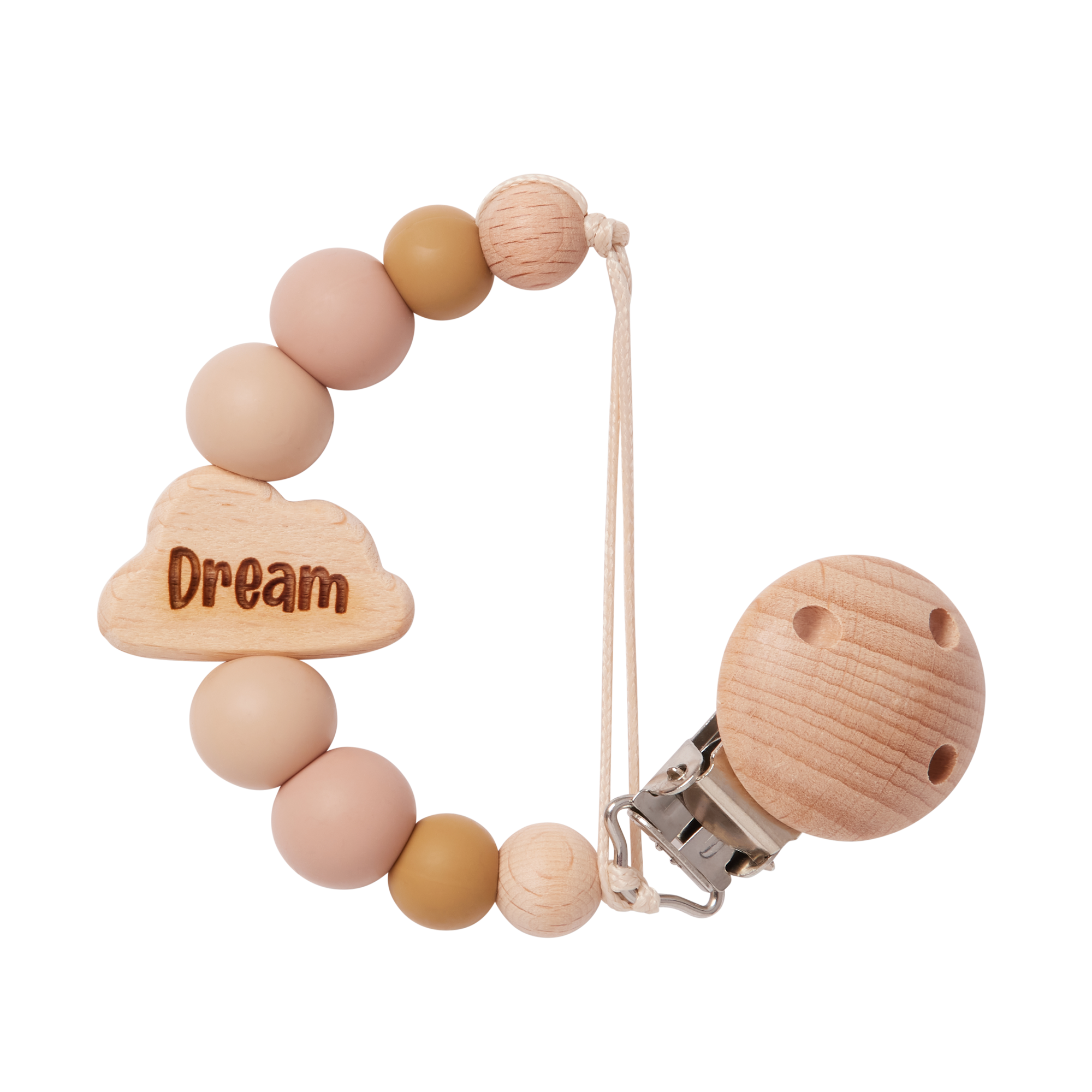 Personalised Cloud Dummy Clip in Beige with 'Dream' engraving on a white background
