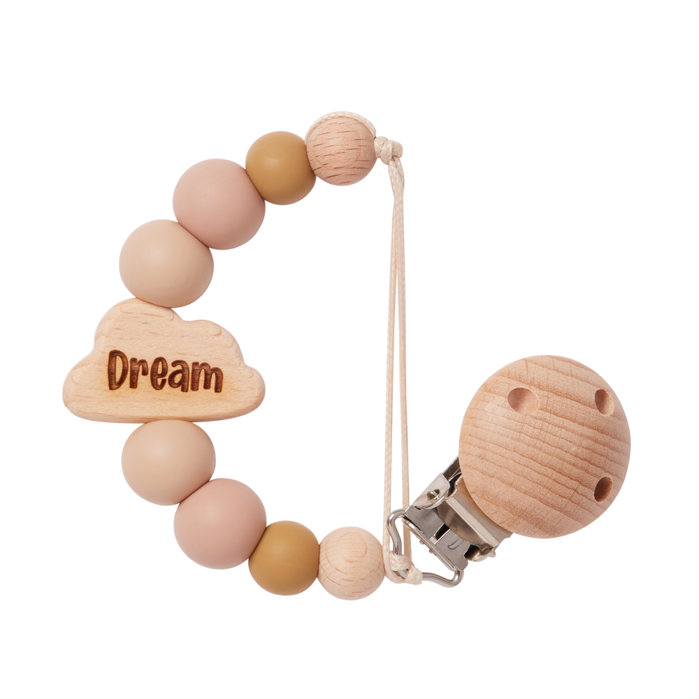 Personalised Cloud Dummy Clip in Beige with 'Dream' engraving on a white background