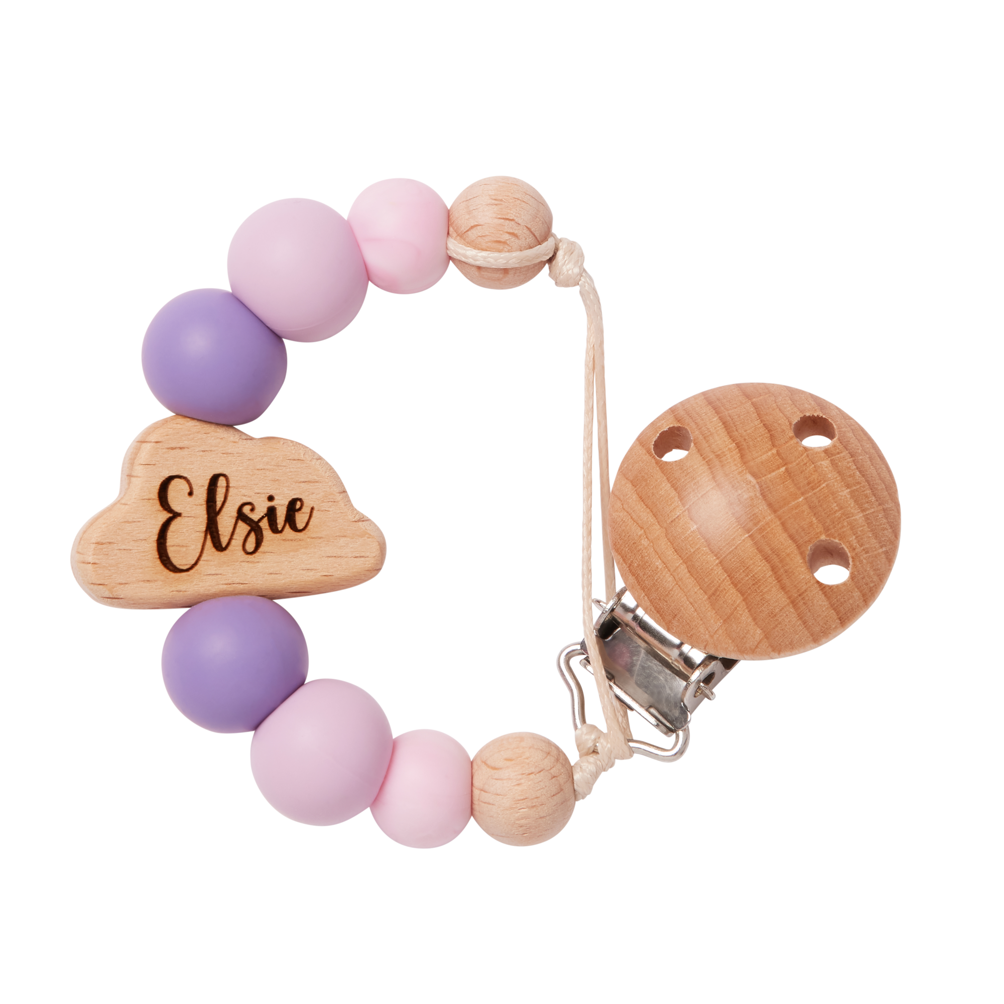 Teething ring with pruple and pink beads and wooden components on a white background engraved with name 'Elise'