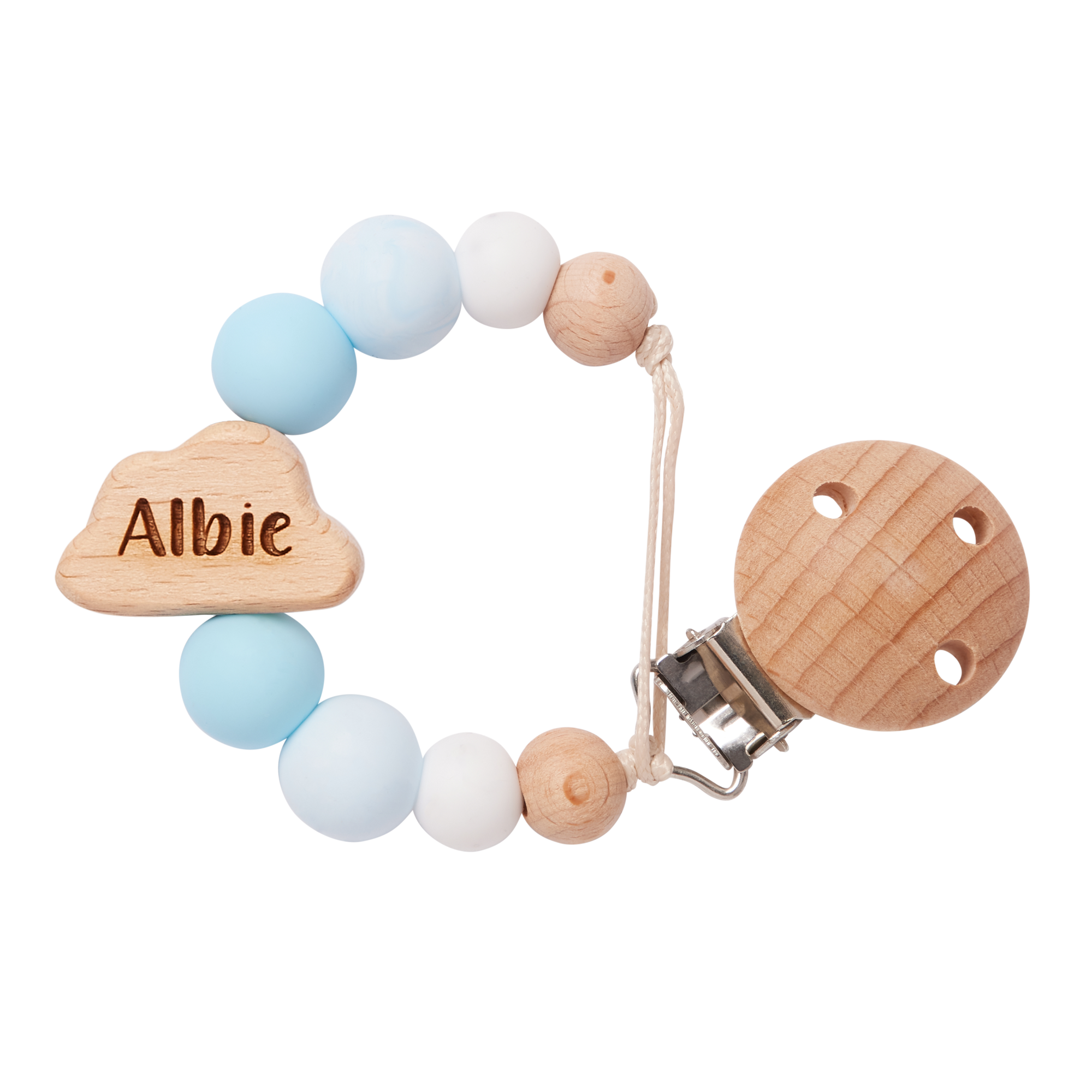 Personalised Cloud Dummy Clip in Sky Blue with 'Albie' engraved