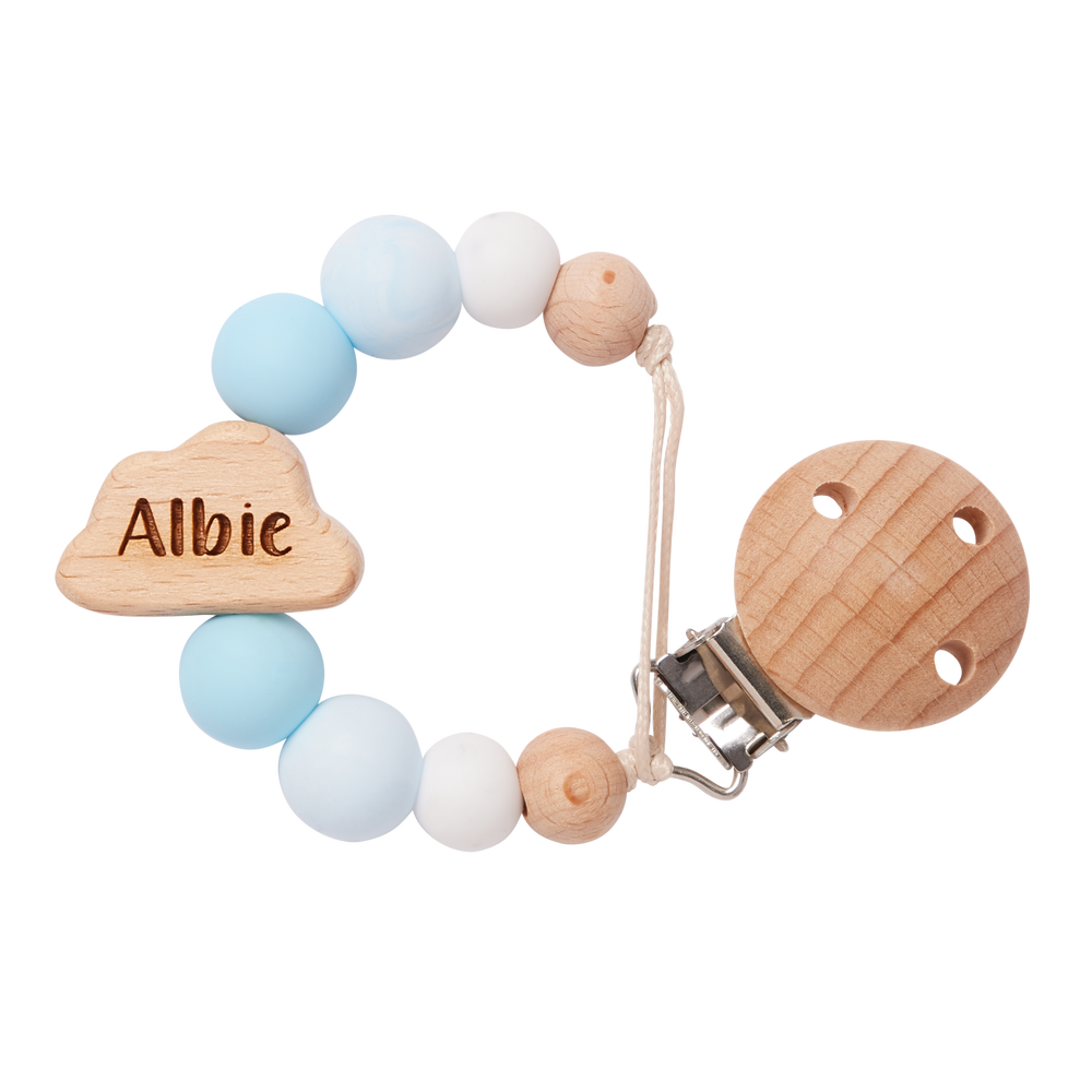 Personalised Cloud Dummy Clip in Sky Blue with 'Albie' engraved