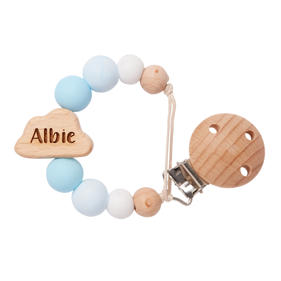 Personalised Cloud Dummy Clip in Sky Blue with 'Albie' engraved