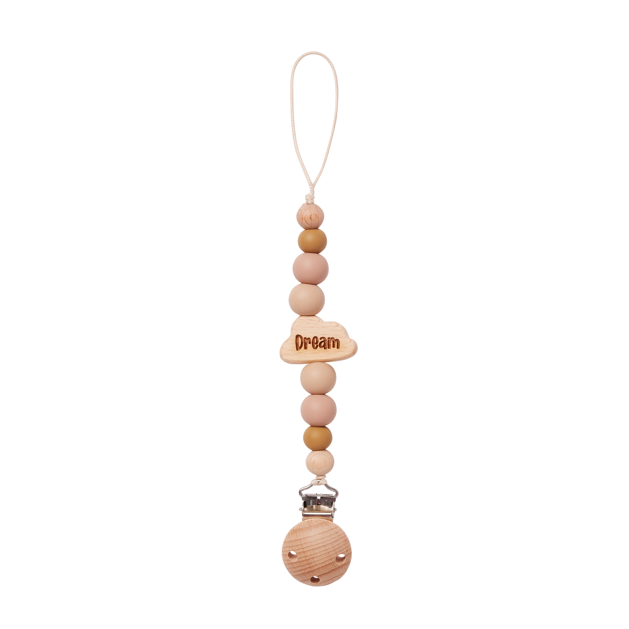 Wooden pacifier clip with beads in beige and 'Dream' charm on a white background