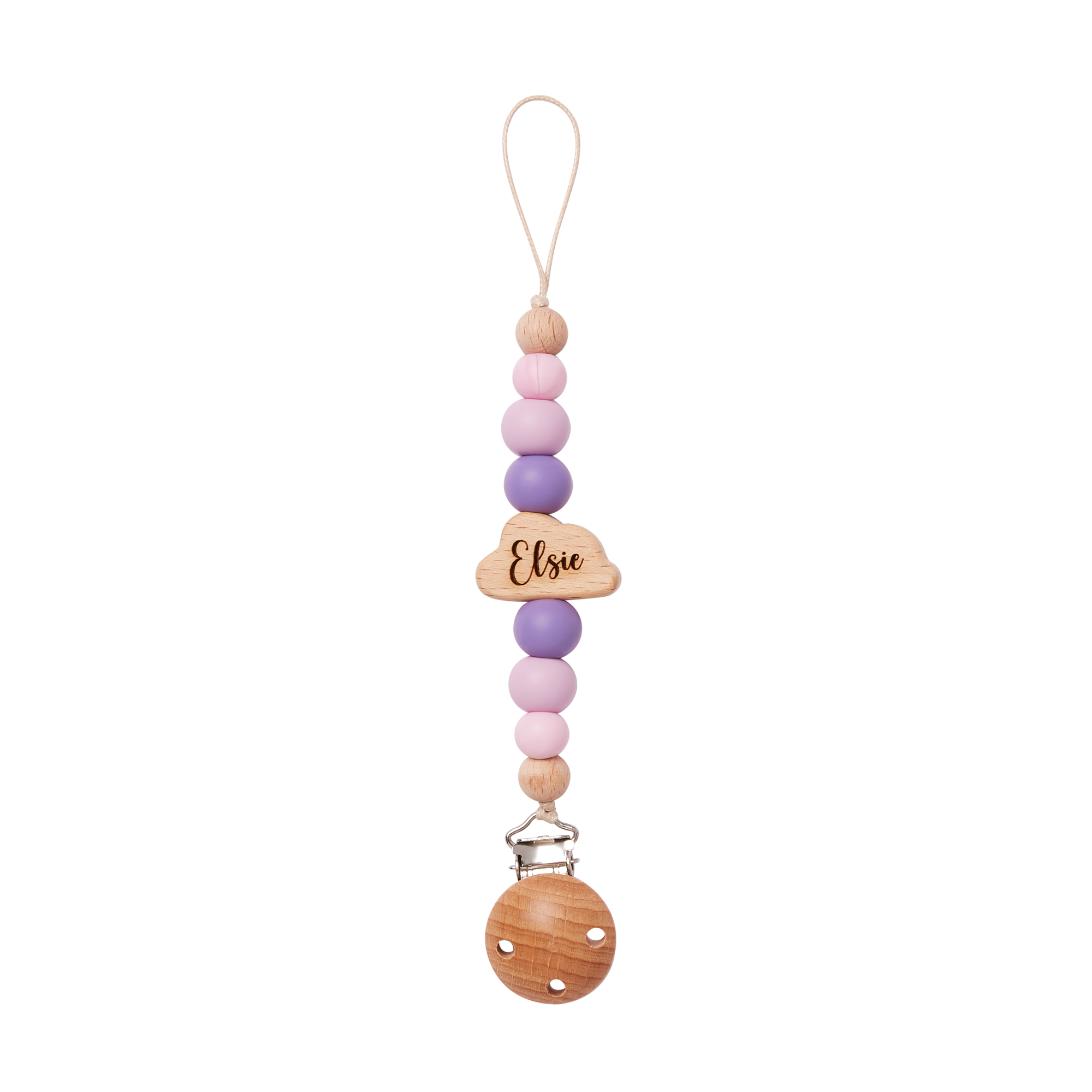 Colorful beaded pacifier clip in purple with a wooden tag engraved 'Elise' on a white background
