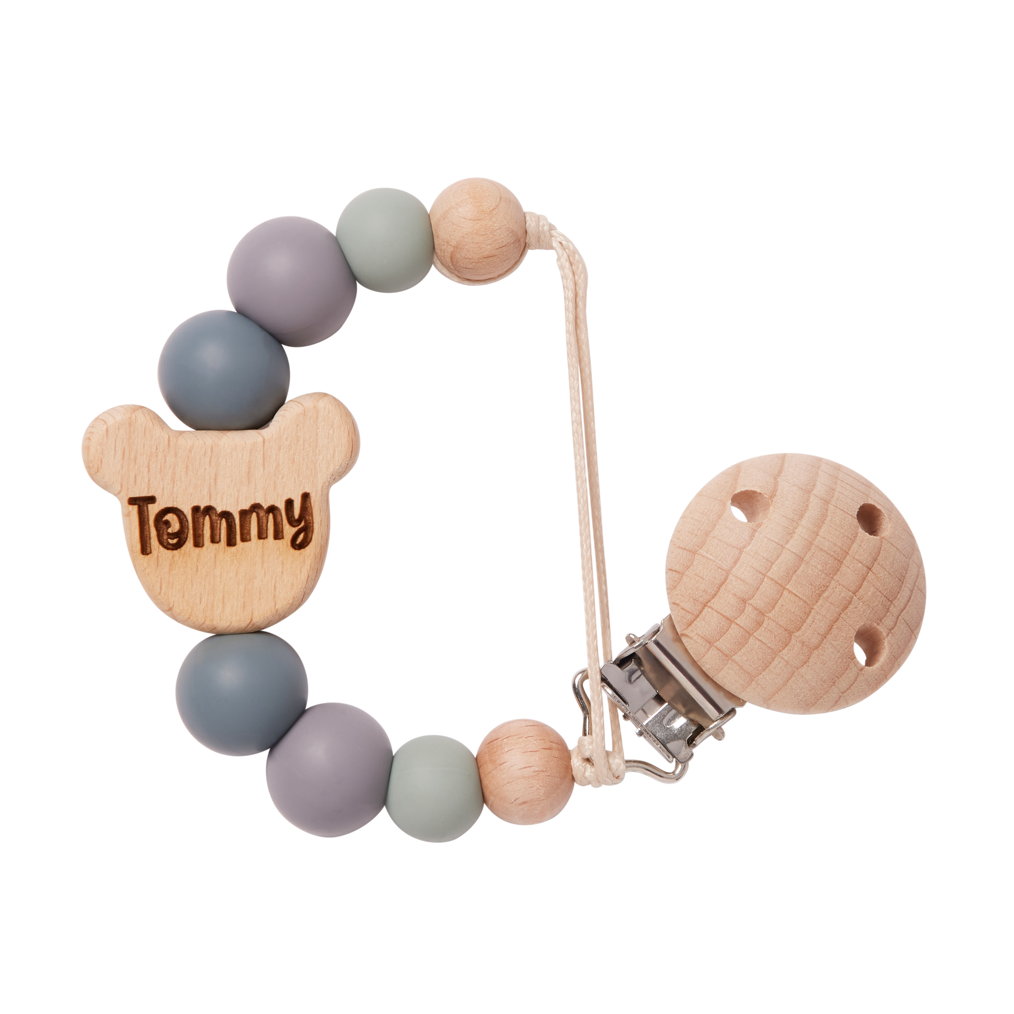 Personalised Dummy Clip in Grey with 'Tommy' engraved 
