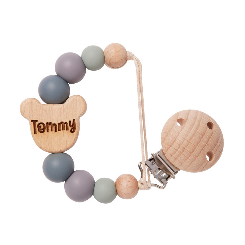 Personalised Dummy Clip in Grey with 'Tommy' engraved 