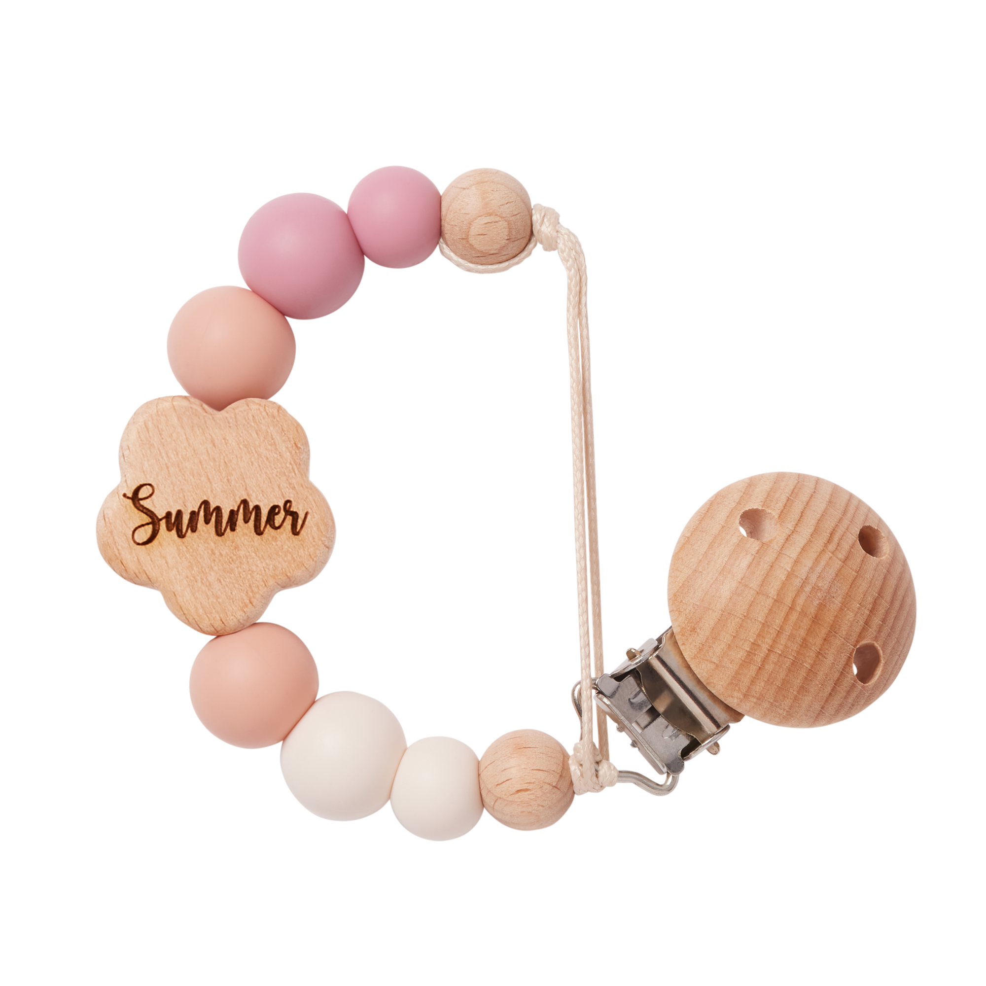 Personalised Flower Dummy Clip in Pink with 'Summer' engraved 