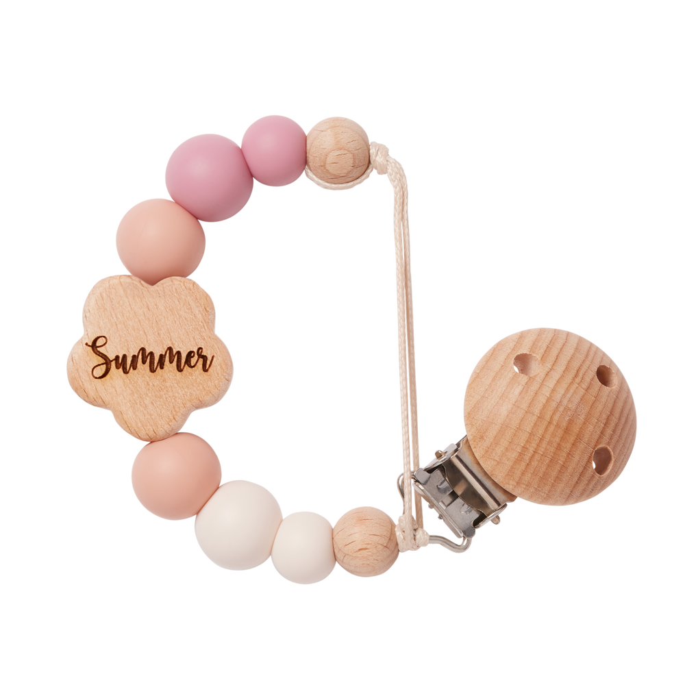 Personalised Flower Dummy Clip in Pink with 'Summer' engraved 