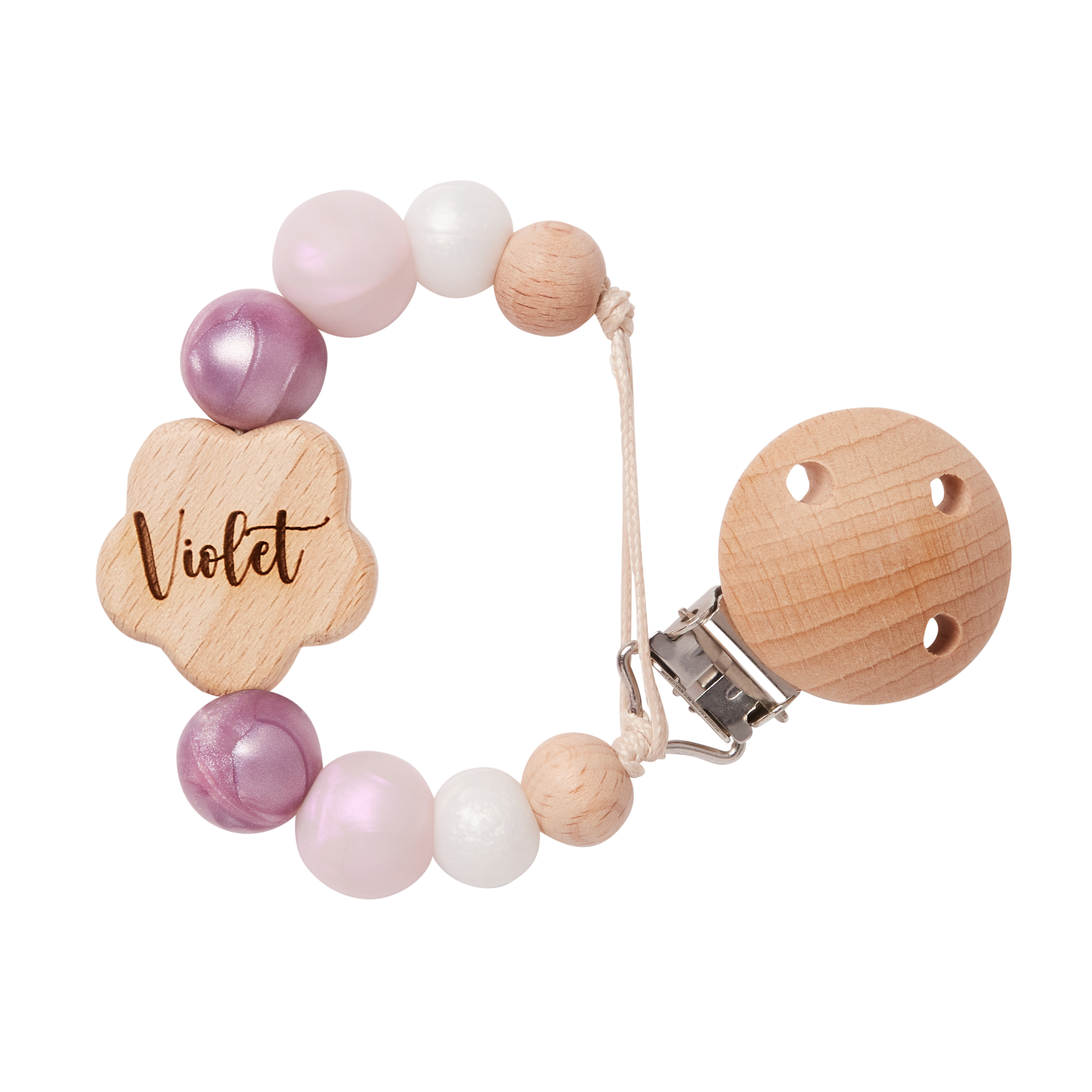 Personalised Flower Dummy Clip in Purple with 'Violet' engraved