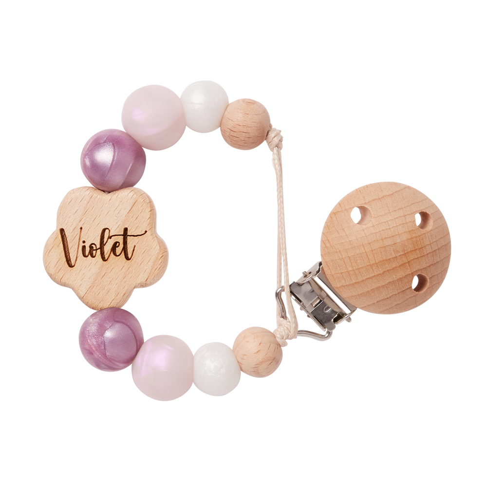 Personalised Flower Dummy Clip in Purple with 'Violet' engraved