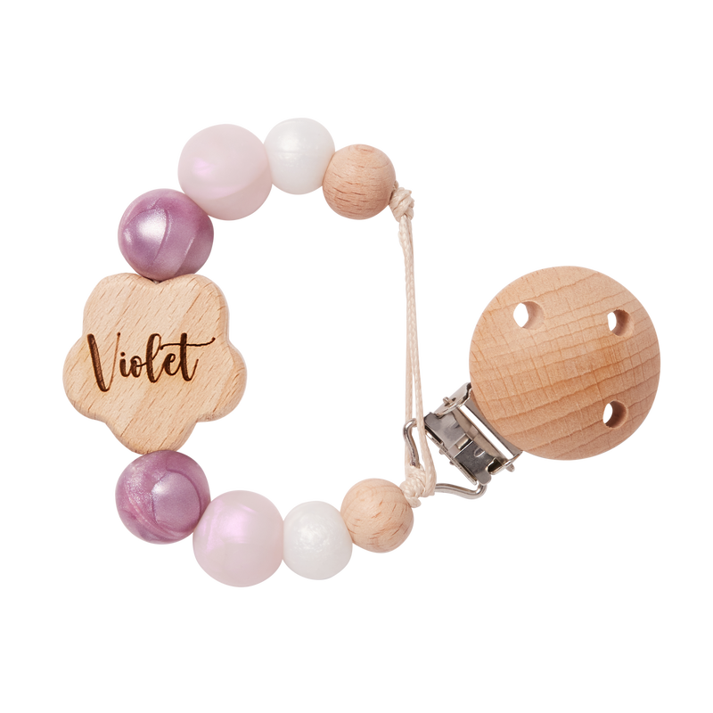 Personalised Flower Dummy Clip in Purple with 'Violet' engraved