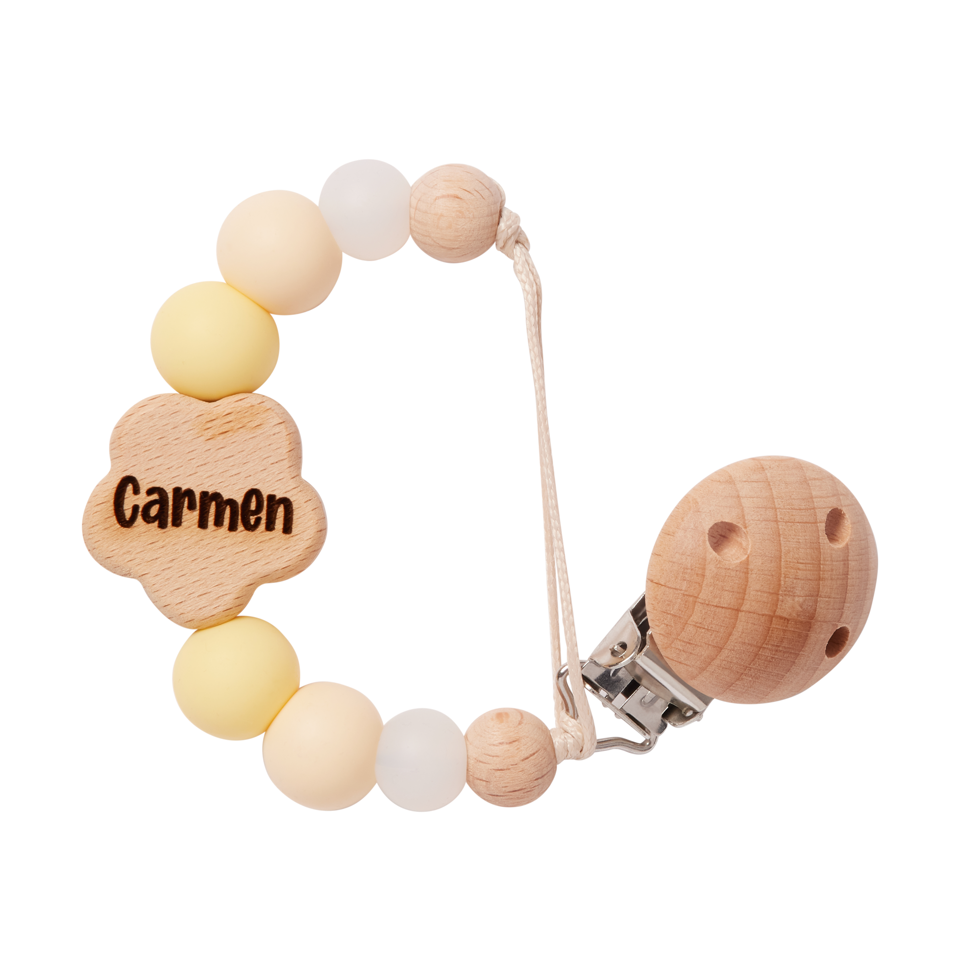 Personalised Flower Dummy Clip in Yellow with 'Carmen' engraved