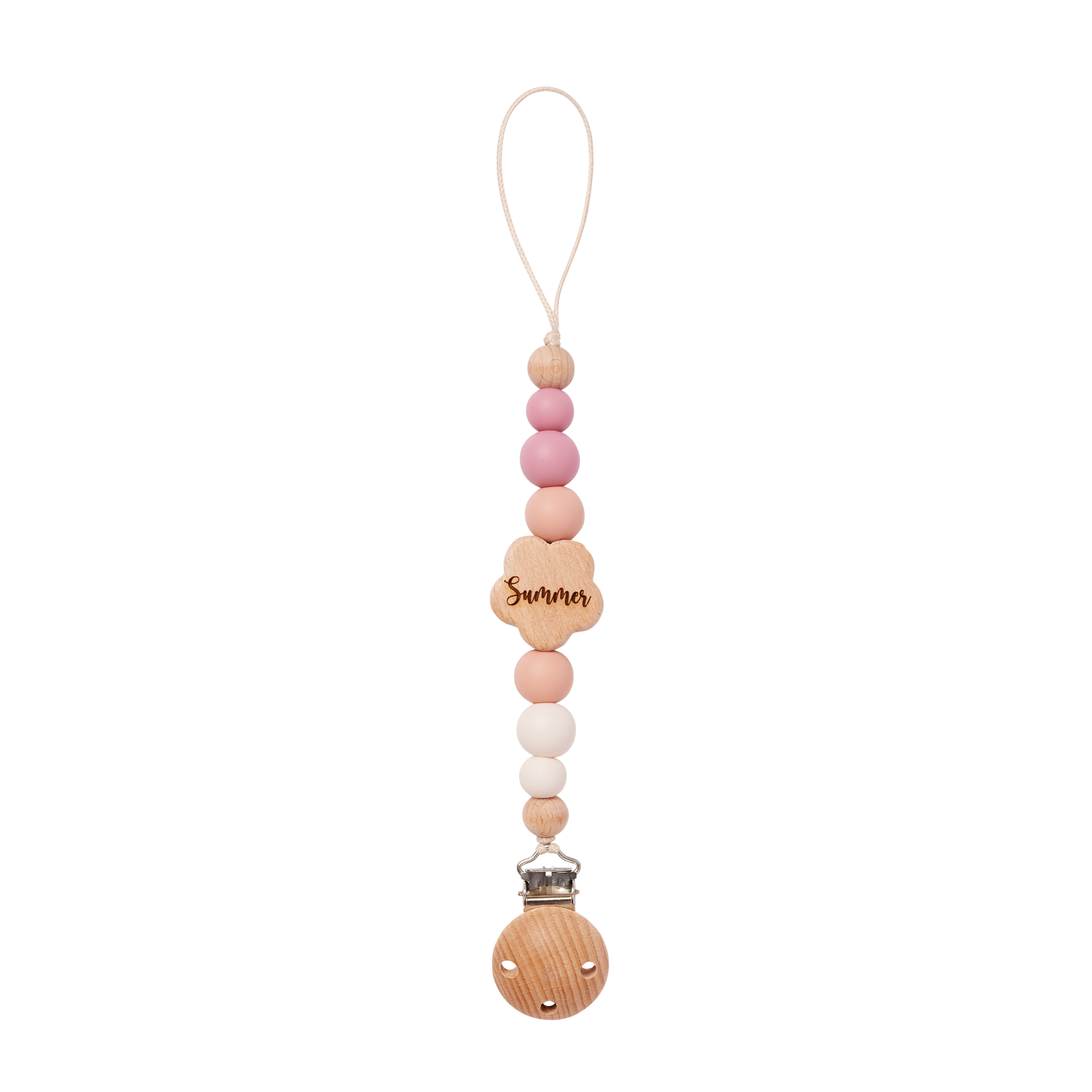 Beaded pacifier clip with wooden middle with 'Summer' engraved on a white background