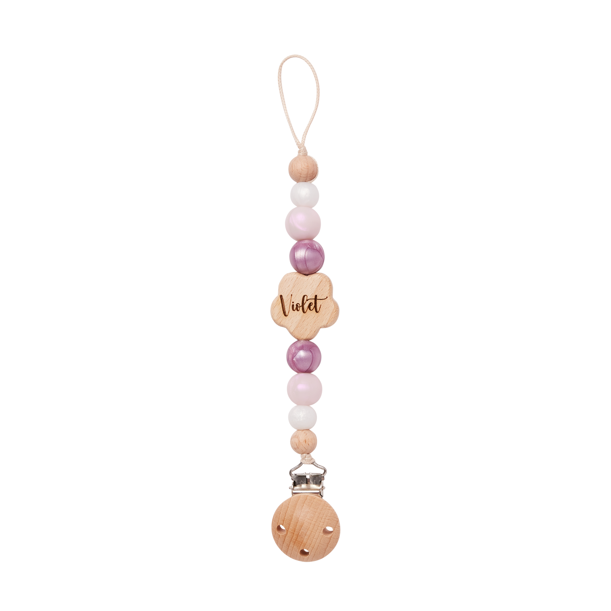 Beaded pacifier clip with wooden heart charm and 'Violet' engraving on a white background