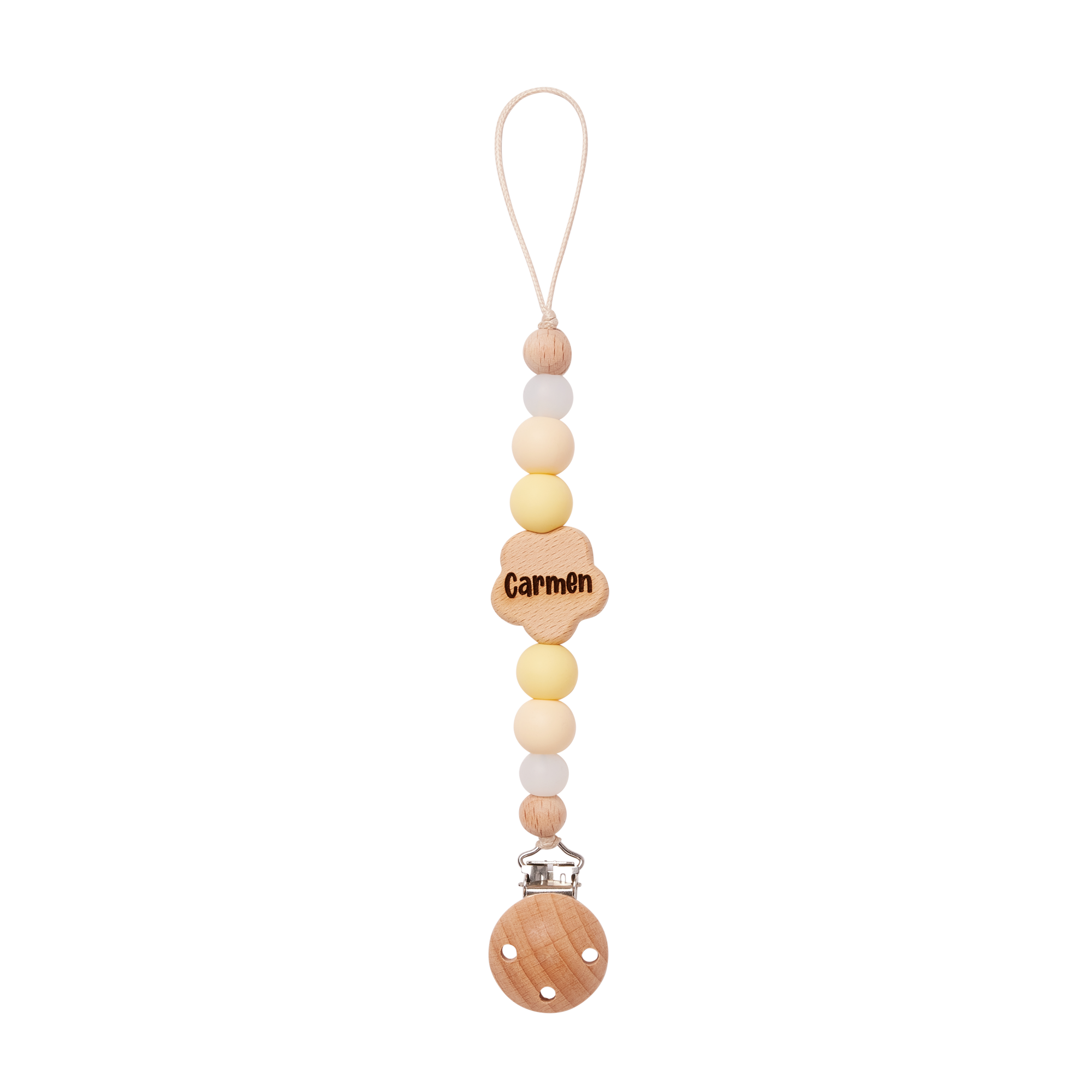 Personalised Flower Pacifier Clip in Yellow with 'Carmen' engraved