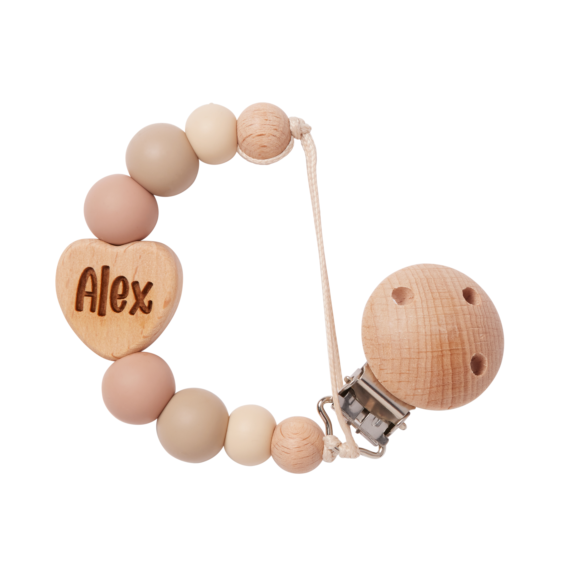 Personalised dummy clip with food grade silicone beads and a heart-shaped charm engraved with 'Alex' on a white background.
