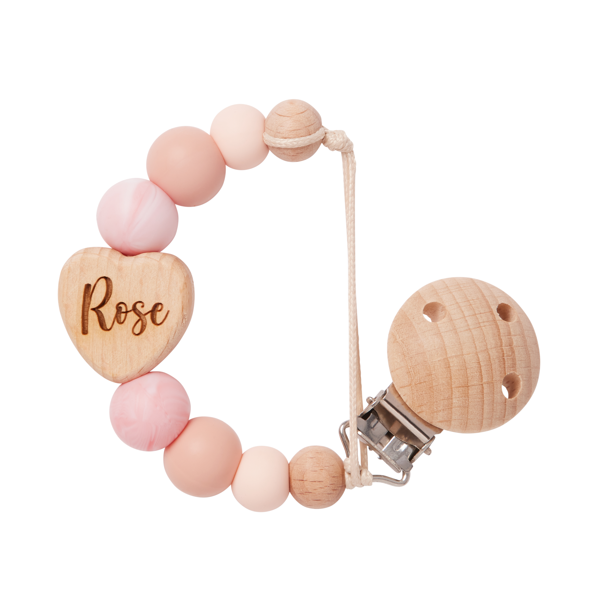 Personalised Dummy Clip with pink and peach beads and a heart-shaped wooden piece engraved with 'Rose'.