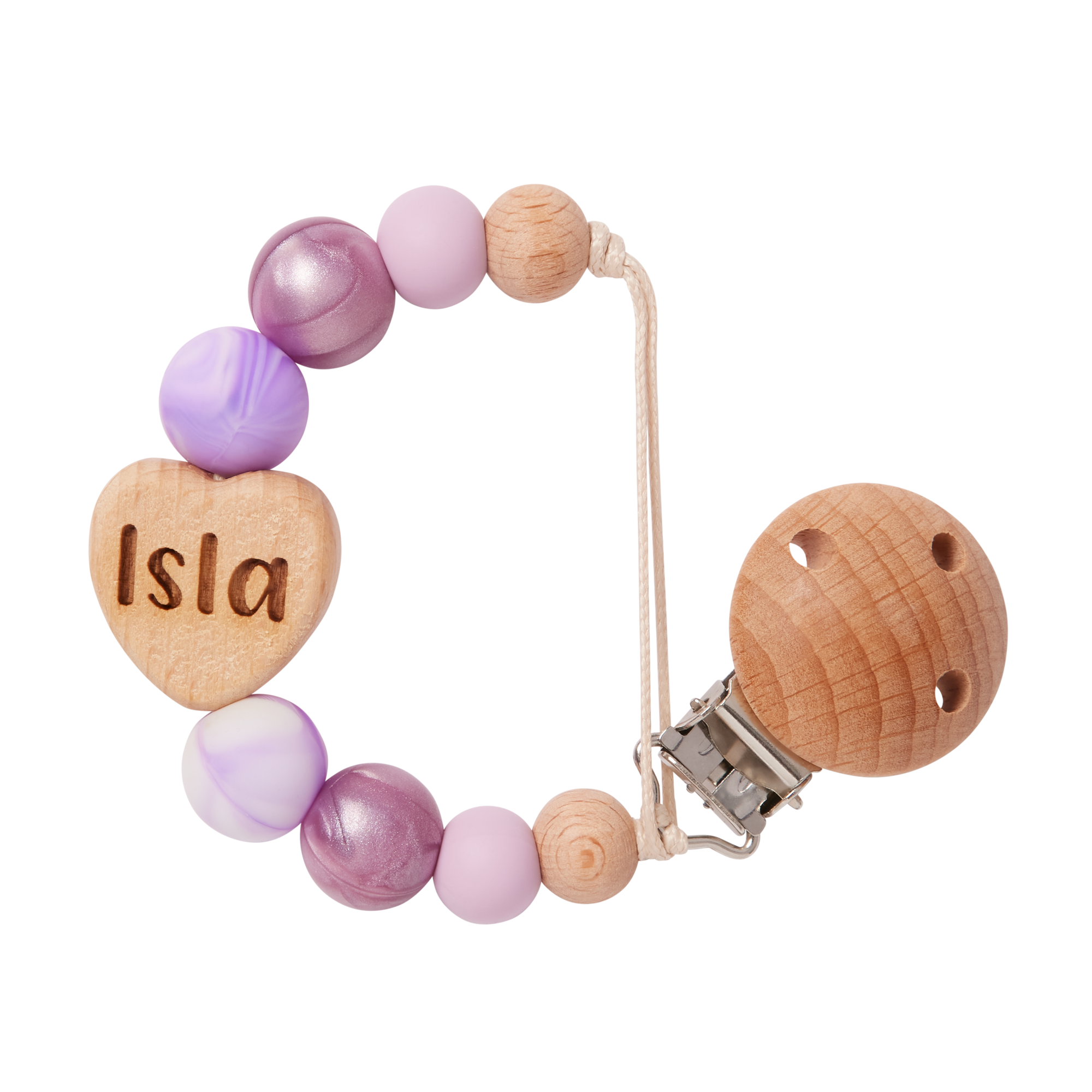 Personalised Heart Dummy Clip in Purple and 'Isla' engraved on a white background