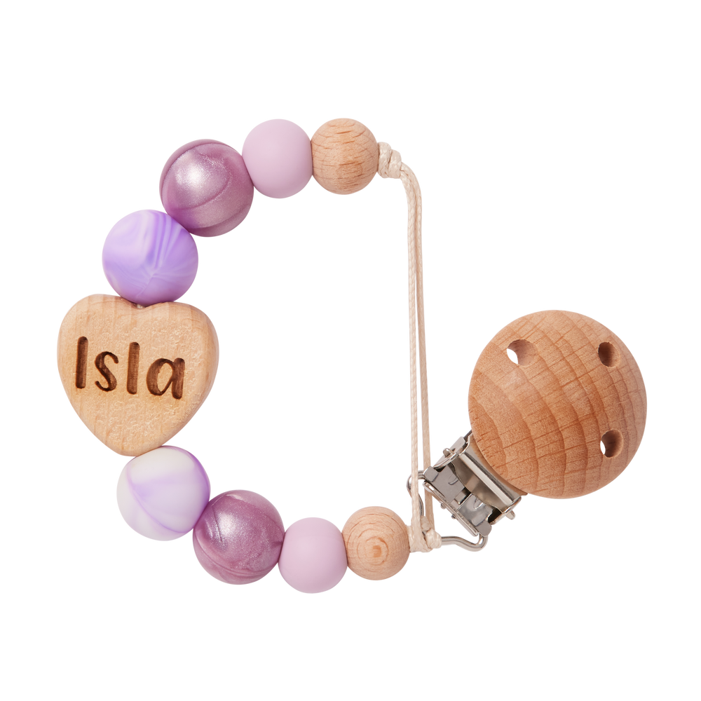 Personalised Heart Dummy Clip in Purple and 'Isla' engraved on a white background