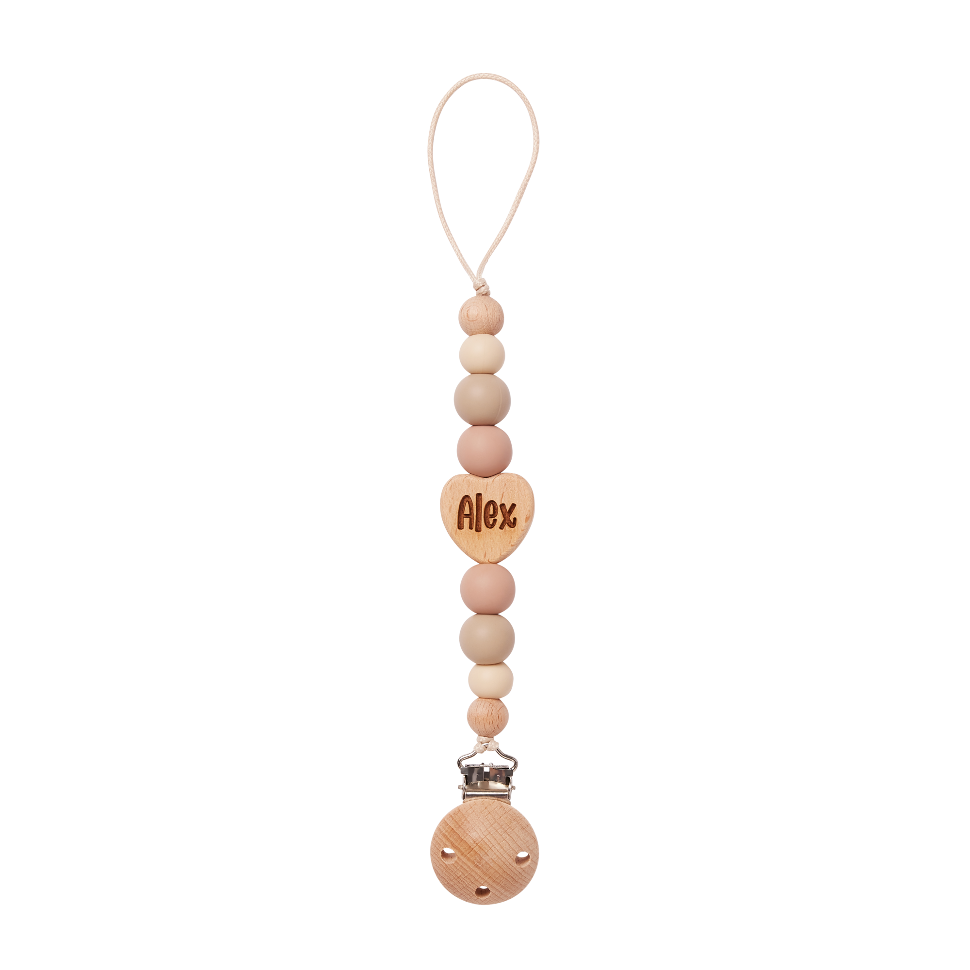 Pacifier clip with beads and a heart-shaped tag on a white background