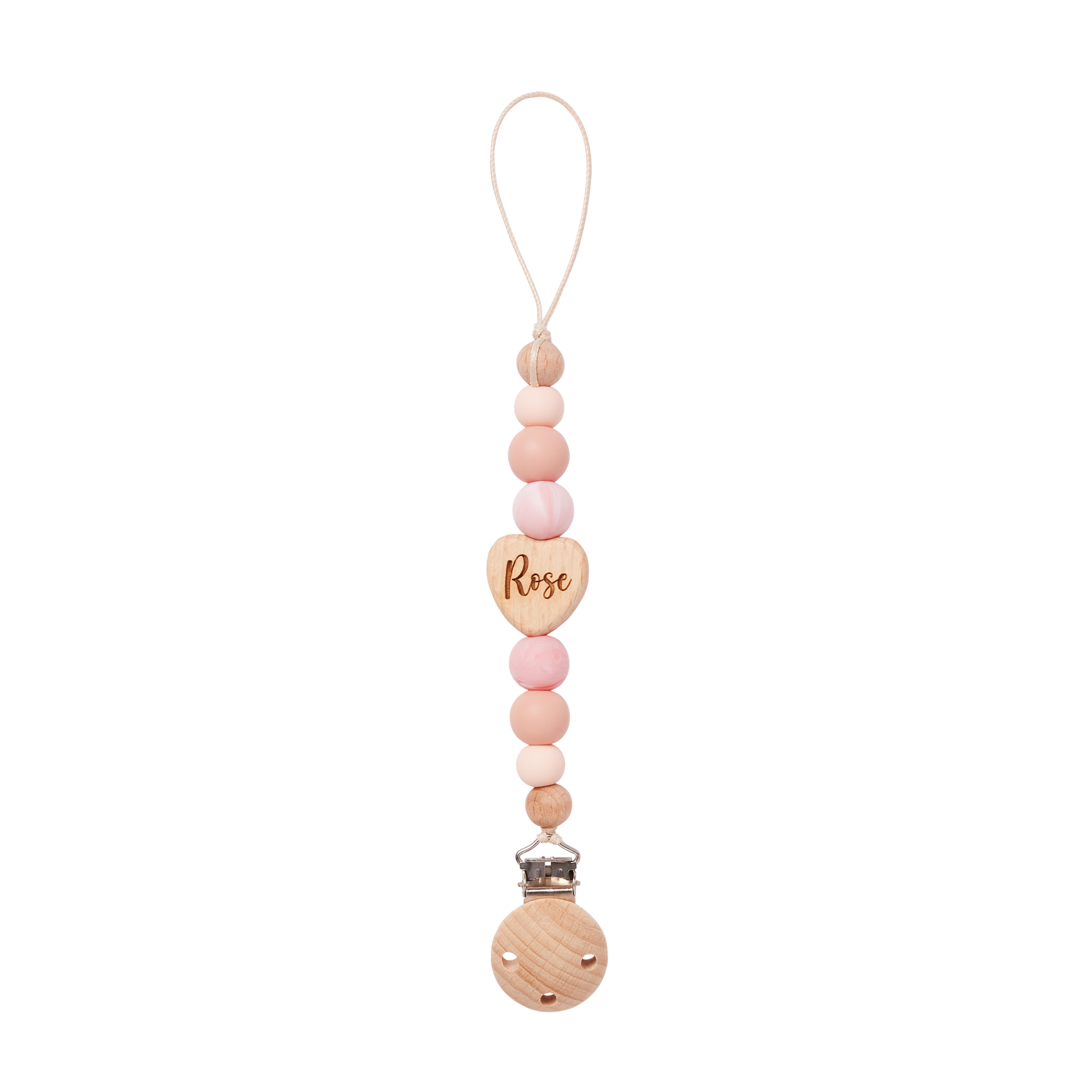 Pacifier Clip with heart-shaped tag and 'Rose' engraving on a white background