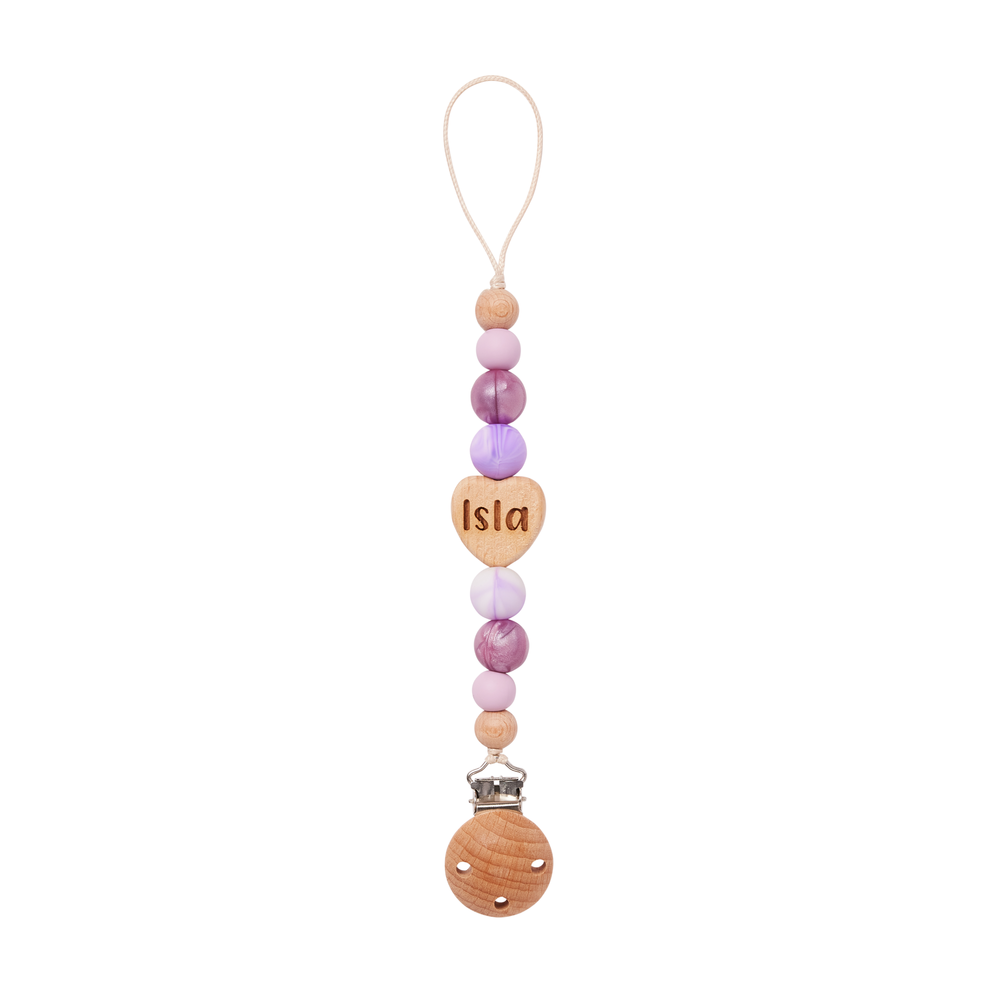 Pacifier clip with a heart-shaped charm displaying 'Isla' on a white background
