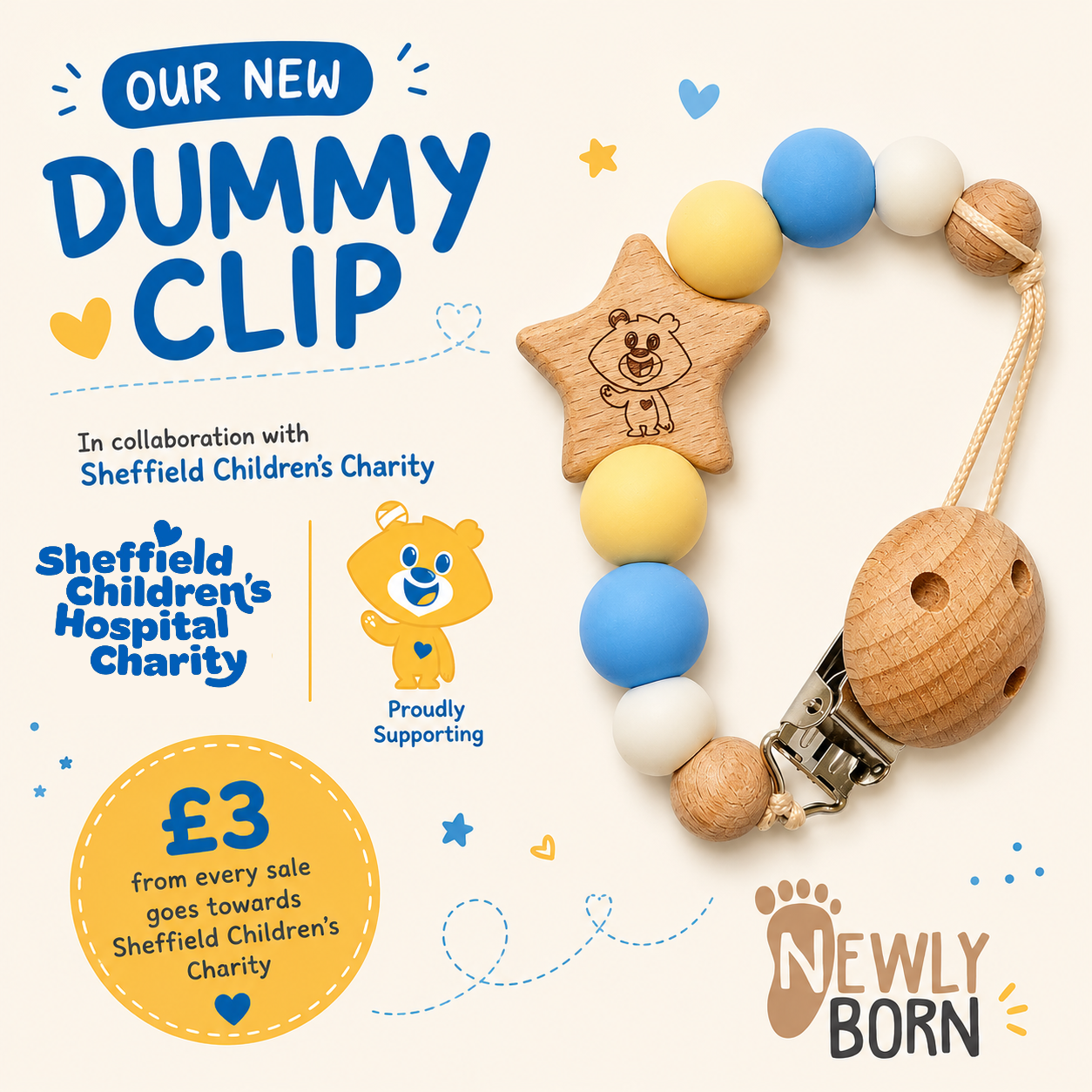 Sheffield Children's Hospital Charity x Newly Born UK - Dummy Clip - Theo Bear collaboration