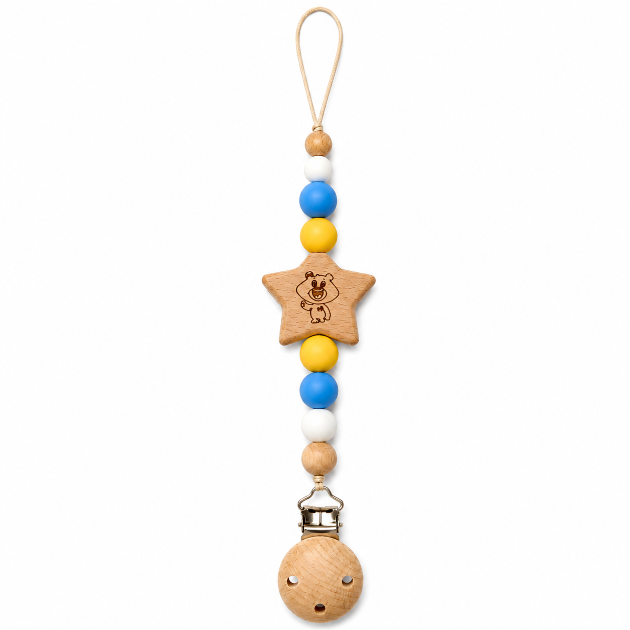 Wooden baby teether with Theo bear engraved blue and yellow themed sheffield children's hospital charity