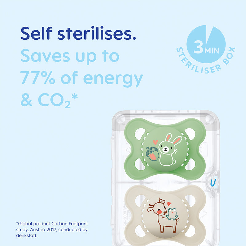 Two MAM pacifiers dummies in a clear plastic case with a blue background and text about energy savings.