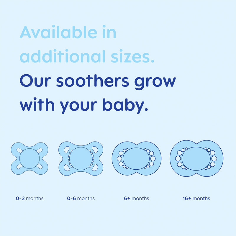 Illustration of pacifiers with growth stages on a light blue background